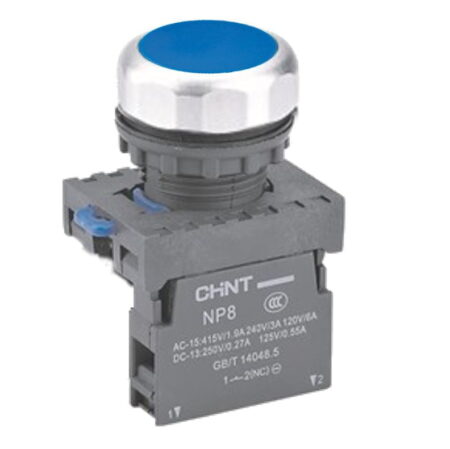 NP8-10BN/6, PULSADOR PLASTICO RASANTE AZUL, 1NA, DIAM. 22MM