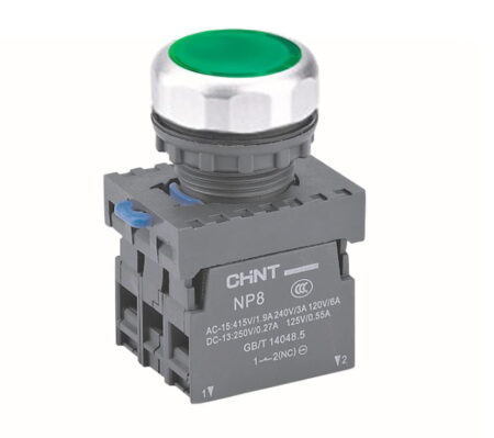 NP8-10BND/3, PULSADOR RASANTE LUMINOSO PLASTICO VERDE, 1NA, LED 110-220V