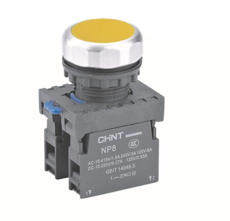 NP8-11BN/5, PULSADOR PLASTICO RASANTE AMARILLO, 1NA+1NC, DIAM. 22MM