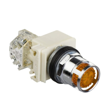 9001K3L38AH13, PULSADOR METALICO LUMINOSO RASANTE AMARILLO, 1NA+1NC, DIAM. 30MM, BULBO INCANDESCENTE 2.4W, 120VAC/DC