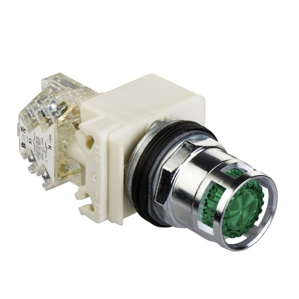 9001K3L38GH13, PULSADOR METALICO LUMINOSO RASANTE VERDE, 1NA+1NC, DIAM. 30MM, BULBO INCANDESCENTE 2.4W, 120VAC/DC