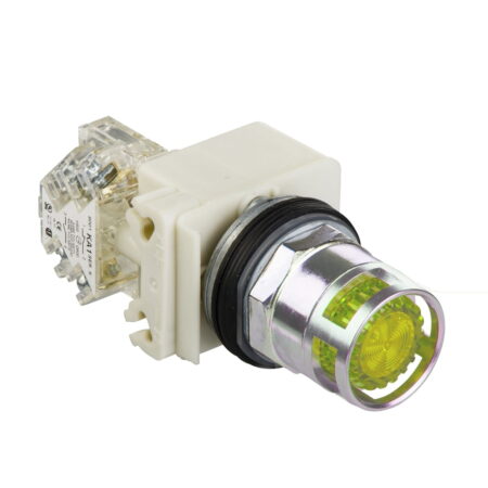 9001K3L7LYYH13, PULSADOR METALICO LUMINOSO RASANTE AMARILLO, 1NA+1NC, DIAM. 30MM, LED 220VAC/DC