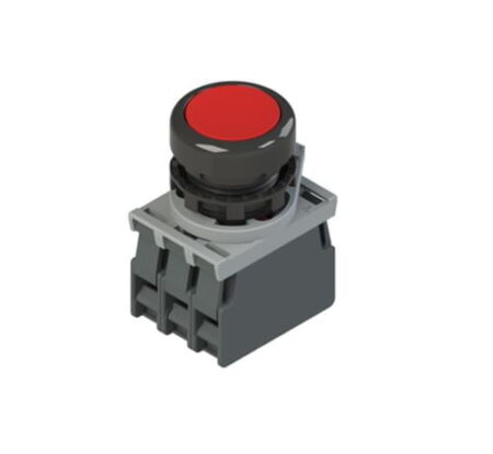 E2 AC-DXBC0402, PULSADOR PLASTICO LUMINOSO RASANTE ROJO, 1NA+1NC, DIAM. 22MM, LED 12-30VAC/DC