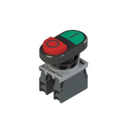 E2 AC-DXBC0601, PULSADOR DOBLE PLASTICO ROJO SALIENTE (STOP) + VERDE RASANTE (START), 1NA+1NC