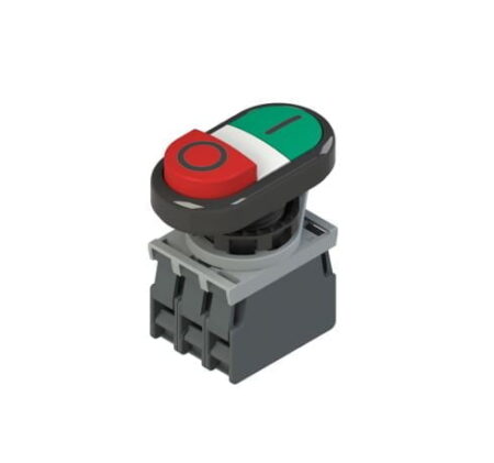 E2 AC-DXBC0602, PULSADOR DOBLE PLASTICO ROJO SALIENTE (STOP) + VERDE RASANTE (START) + LED BLANCO 12-30VAC/DC, 1NA+1NC