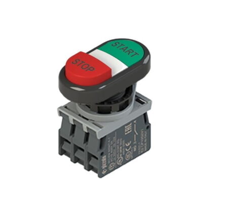 E2 AC-DXBC0625, PULSADOR DOBLE PLASTICO ROJO SALIENTE (STOP) + VERDE RASANTE (START), 1NA+1NC