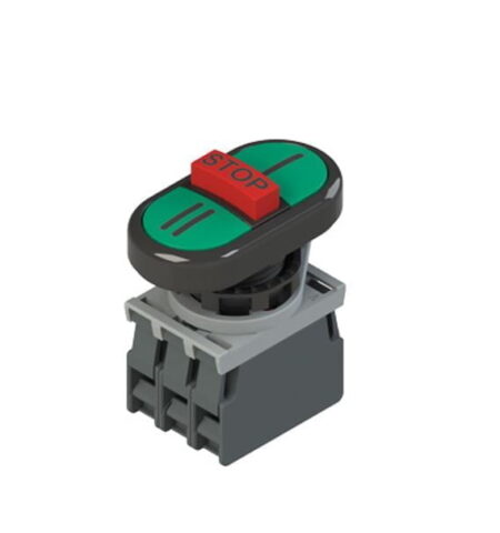 E2 AC-DXBC0801, PULSADOR TRIPLE PLASTICO VERDE RASANTE (I) + VERDE RASANTE (II) + ROJO SALIENTE (STOP), 2NA+1NC