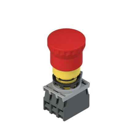 E2 AC-DXBC1012, PULSADOR DE EMERGENCIA ROJO TIPO HONGO, CABEZAL 40MM, DIAM. 22MM, 1NA+2NC, DESBLOQUEO POR DESENGANCHE