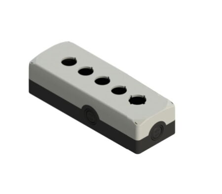 ES 36012, CAJA NEGRA TAPA GRIS, 5 ORIFICIOS EQUIDISTANTES, DIAM. 22MM