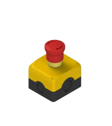 ES AC31003, CAJA NEGRA TAPA GRIS, C/ PULSADOR PARADA DE EMERGENCIA, DESBLOQUEO POR GIRO