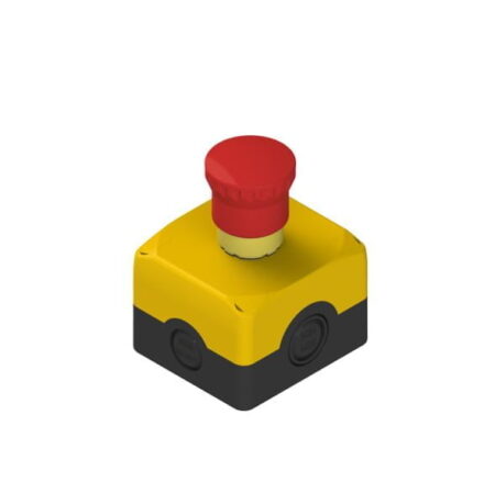 ES AC31004, CAJA NEGRA TAPA GRIS, C/ PULSADOR PARADA DE EMERGENCIA, DESBLOQUEO POR DESENGANCHE