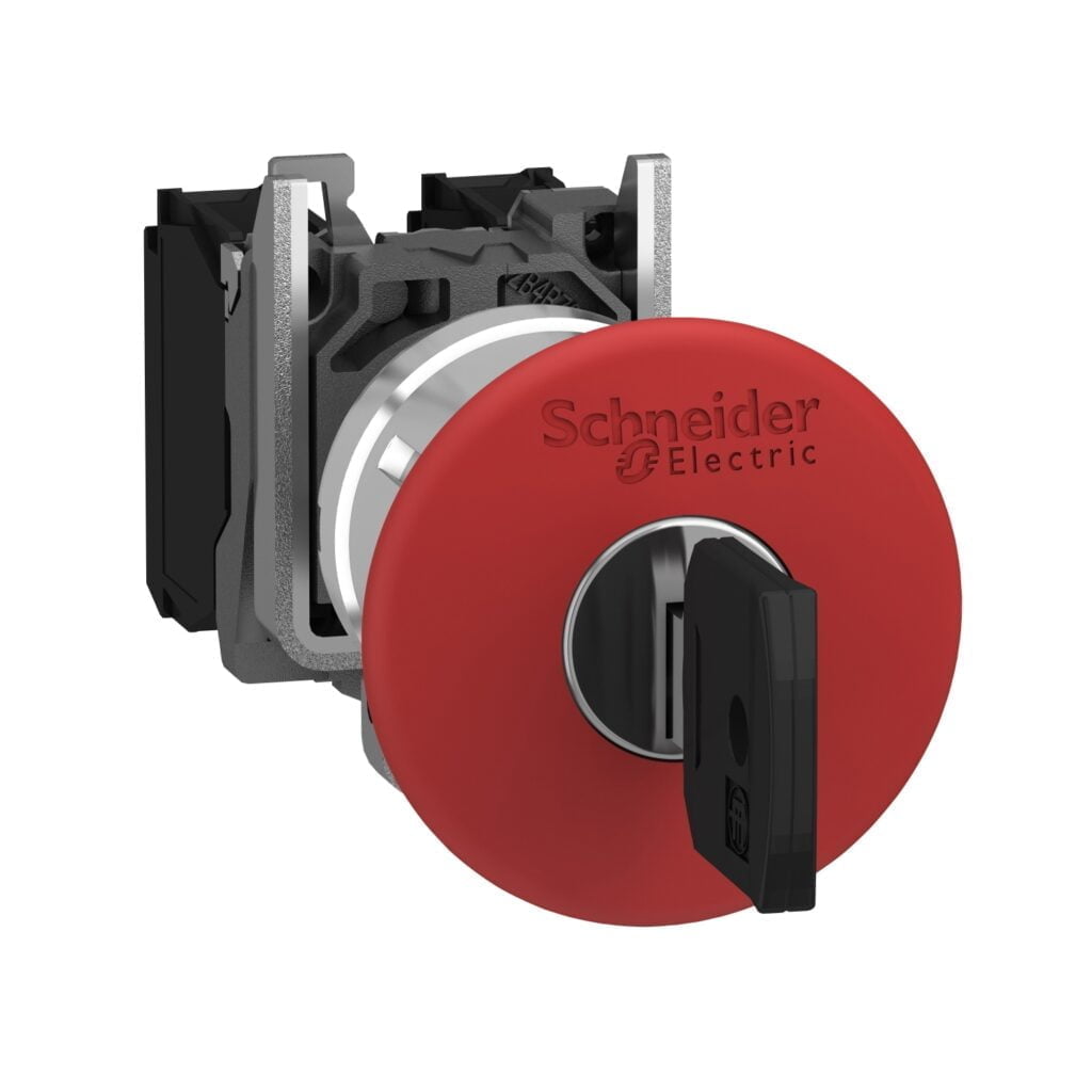 XB4BS9445, PULSADOR DE EMERGENCIA METALICO ROJO TIPO HONGO, CABEZAL 40MM, DIAM. 22MM, 1NA+1NC, DESBLOQUEO C/ LLAVE