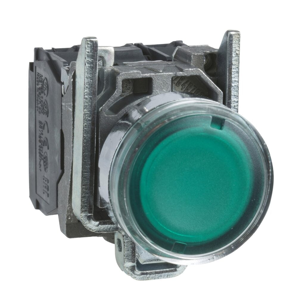 XB4BW33G5, PULSADOR METALICO LUMINOSO RASANTE VERDE 1NA+1NC DIAM. 22MM, LED 120VAC