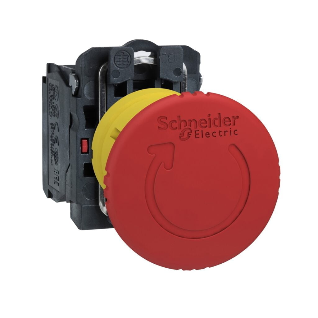 XB5AS8442, PULSADOR DE EMERGENCIA PLASTICO ROJO TIPO HONGO, CABEZAL 40MM, DIAM. 22MM, 1NC, DESBLOQUEO POR GIRO