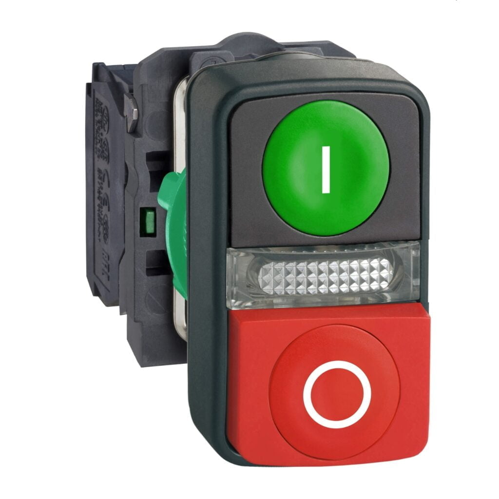 XB5AW73731B5, PULSADOR DOBLE PLASTICO LUMINOSO ROJO SALIENTE(STOP) + VERDE RASANTE(START) + LED AMARILLO 24VDC/AC, 1NA+1NC