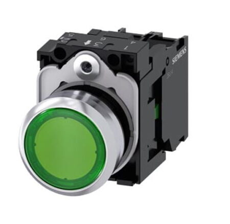 3SU1153-0AB40-1BA0, PULSADOR METALICO LUMINOSO RASANTE VERDE 1NA DIAM. 22MM, LED 110VAC, IP67