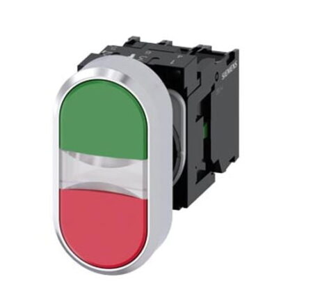 3SU1158-3AB42-1MA0, PULSADOR DOBLE LUMINOSO, ROJO-VERDE, METALICO, 22MM, LED 230VAC