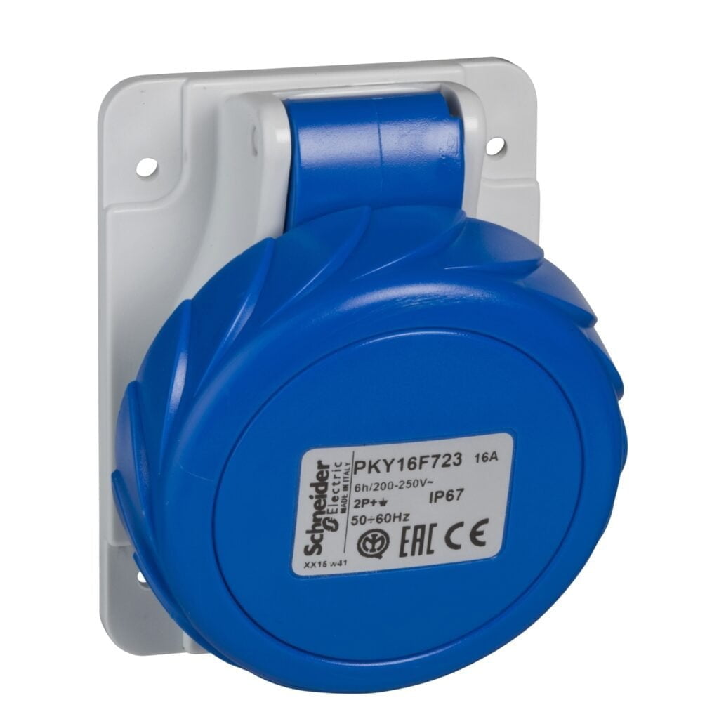 PKY32F724, TOMACORRIENTE INDUSTRIAL EMPOTRABLE 32A 3P+T 250VAC, COLOR AZUL, IP67