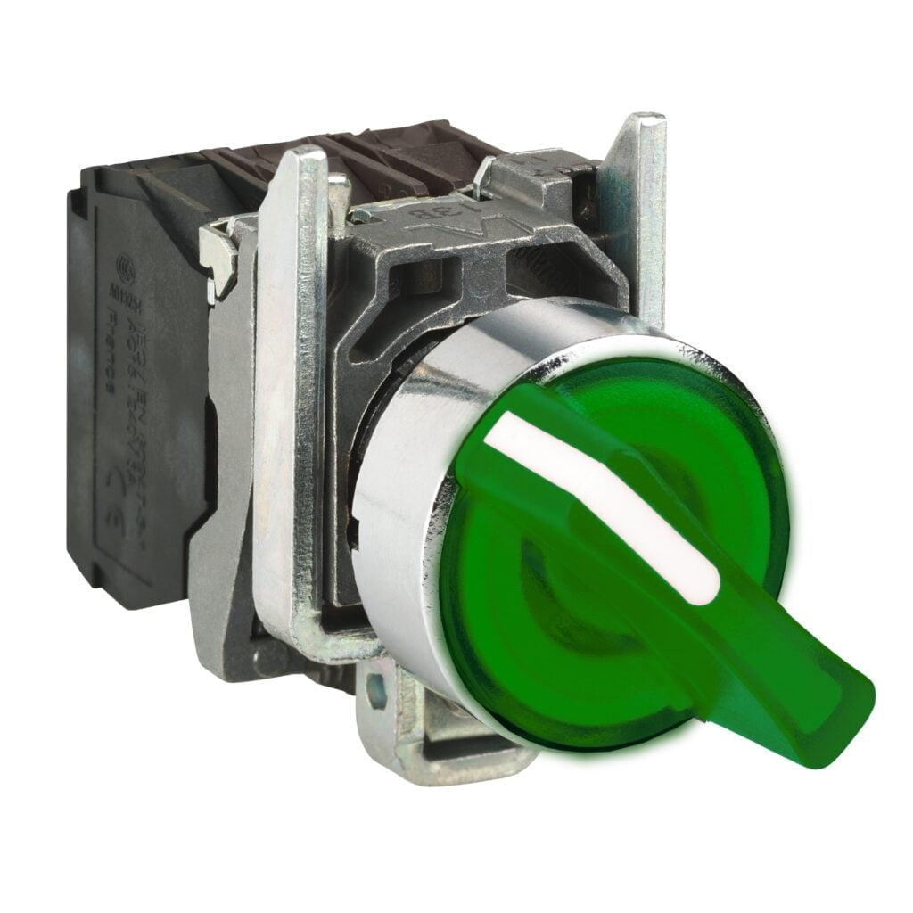 XB4BK123G5, SELECTOR METALICO LUMINOSO MANETA CORTA, 0-1, 2 POSICIONES FIJAS, 1NA+1NC, DIAM. 22MM, LED VERDE 110-120VAC