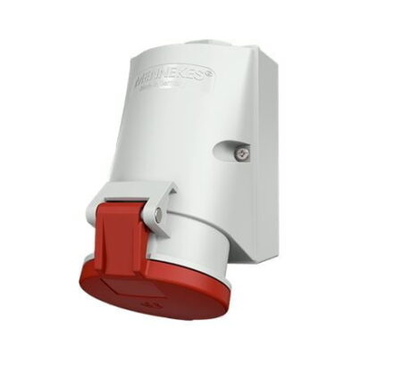 1422, TOMACORRIENTE INDUSTRIAL VISIBLE 32A 2P+T 415V, COLOR ROJO 9H, IP44, LIBRE DE HALOGENO