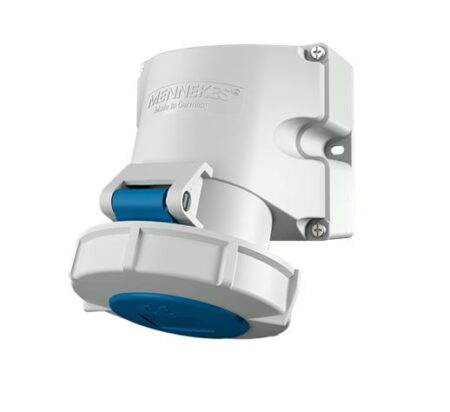 9351, TOMACORRIENTE INDUSTRIAL VISIBLE 32A 2P+T 250V, COLOR AZUL 6H, IP67, LIBRE DE HALOGENO